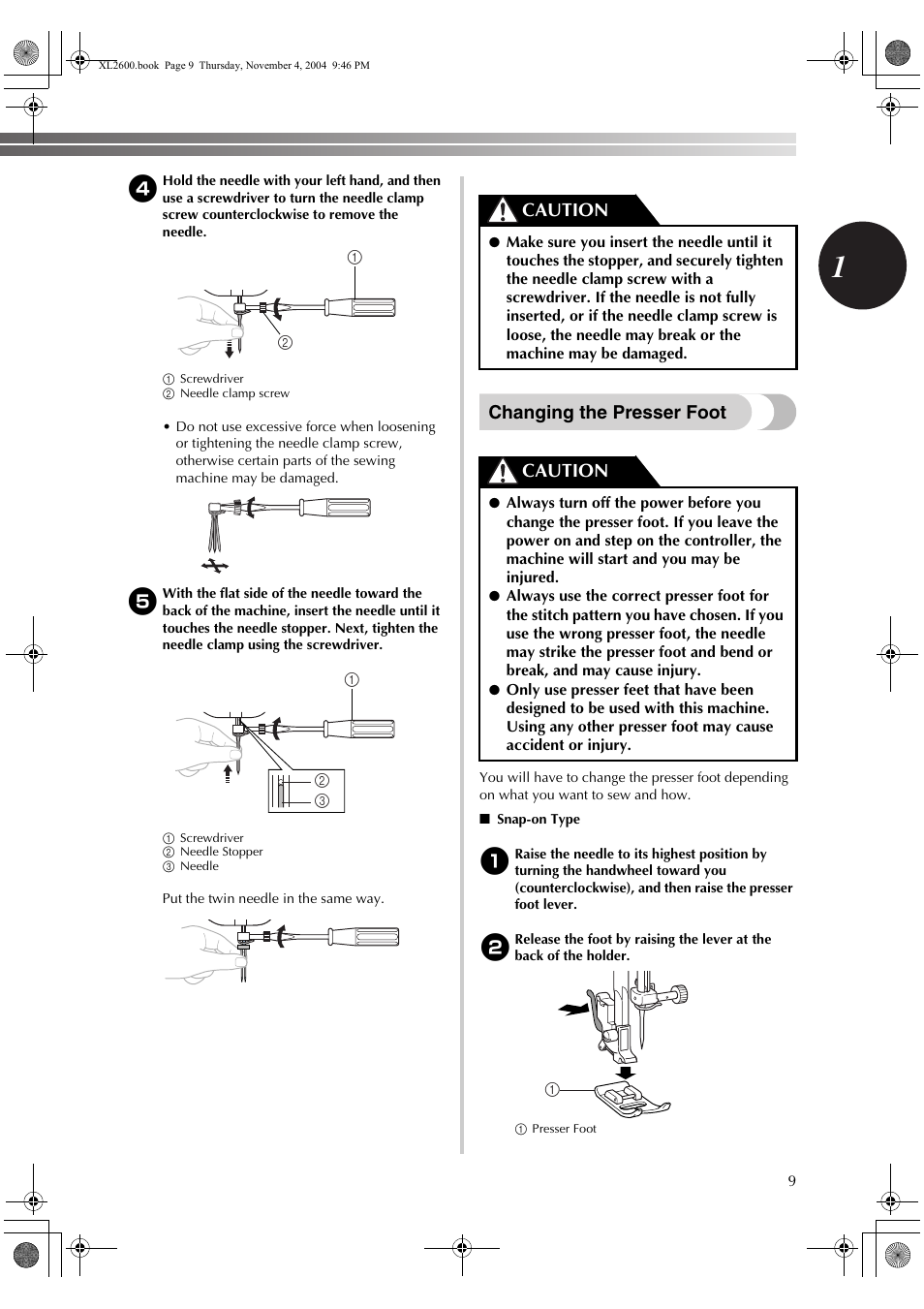 Changing the presser foot, Caution | Brother XL-3500 User Manual | Page 11 / 51