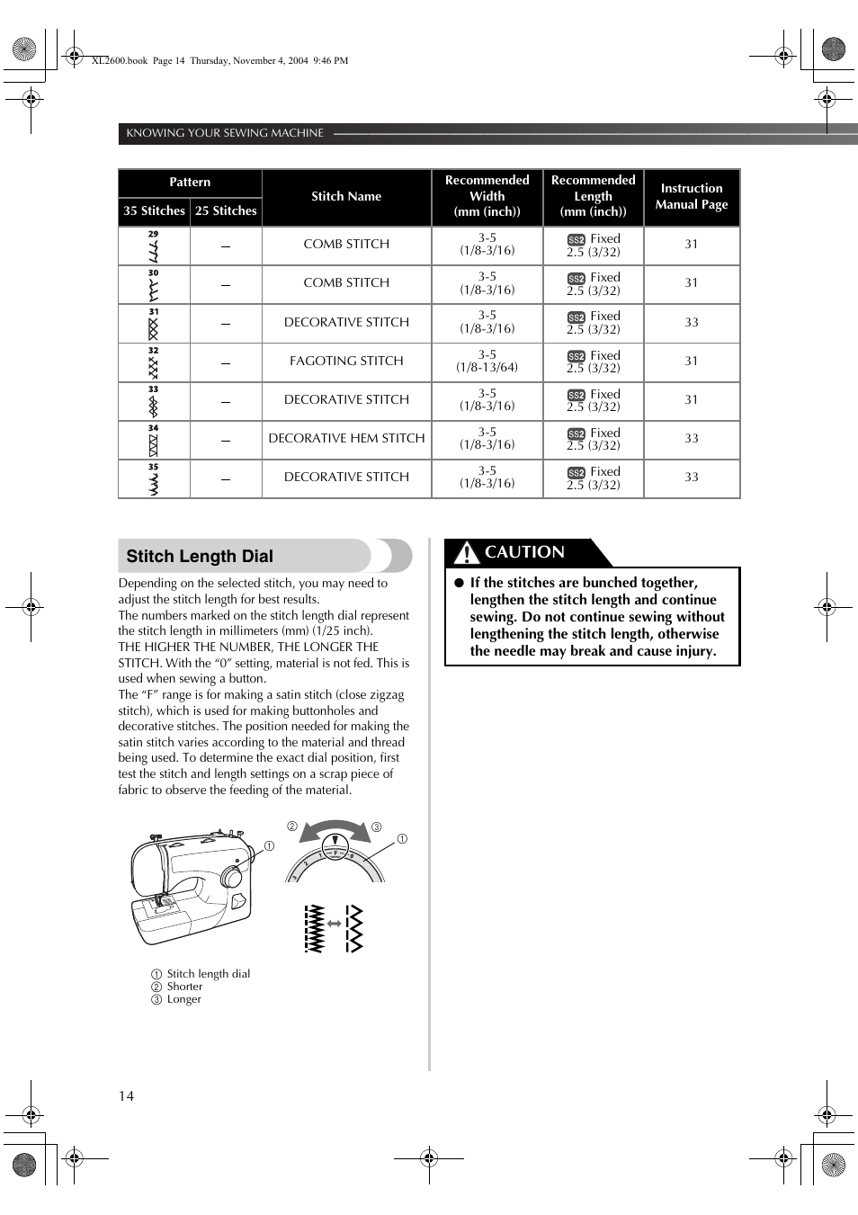 Stitch length dial, Caution | Brother XL-3500 User Manual | Page 16 / 51