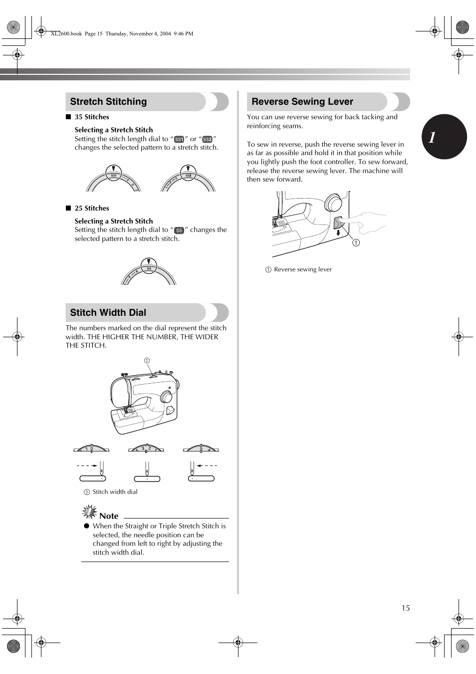 Stretch stitching, Stitch width dial, Reverse sewing lever | Brother XL-3500 User Manual | Page 17 / 51