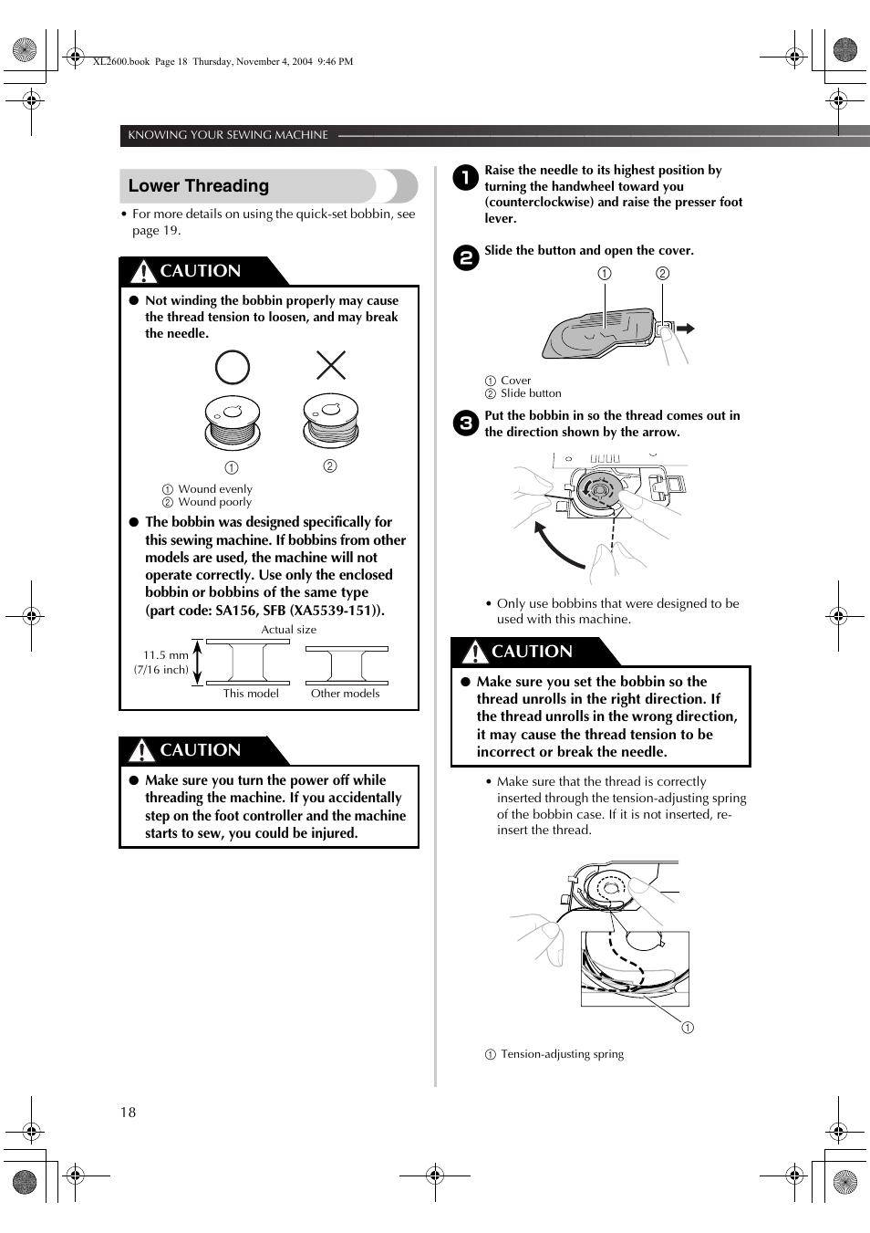 Lower threading, Caution | Brother XL-3500 User Manual | Page 20 / 51