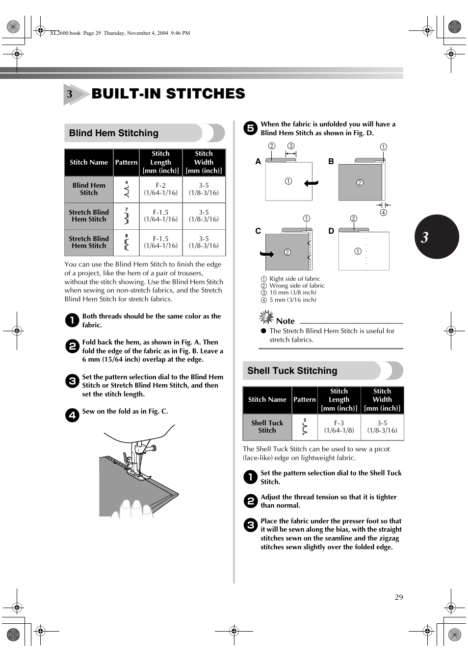 Built-in stitches, Blind hem stitching, Shell tuck stitching | Brother XL-3500 User Manual | Page 31 / 51