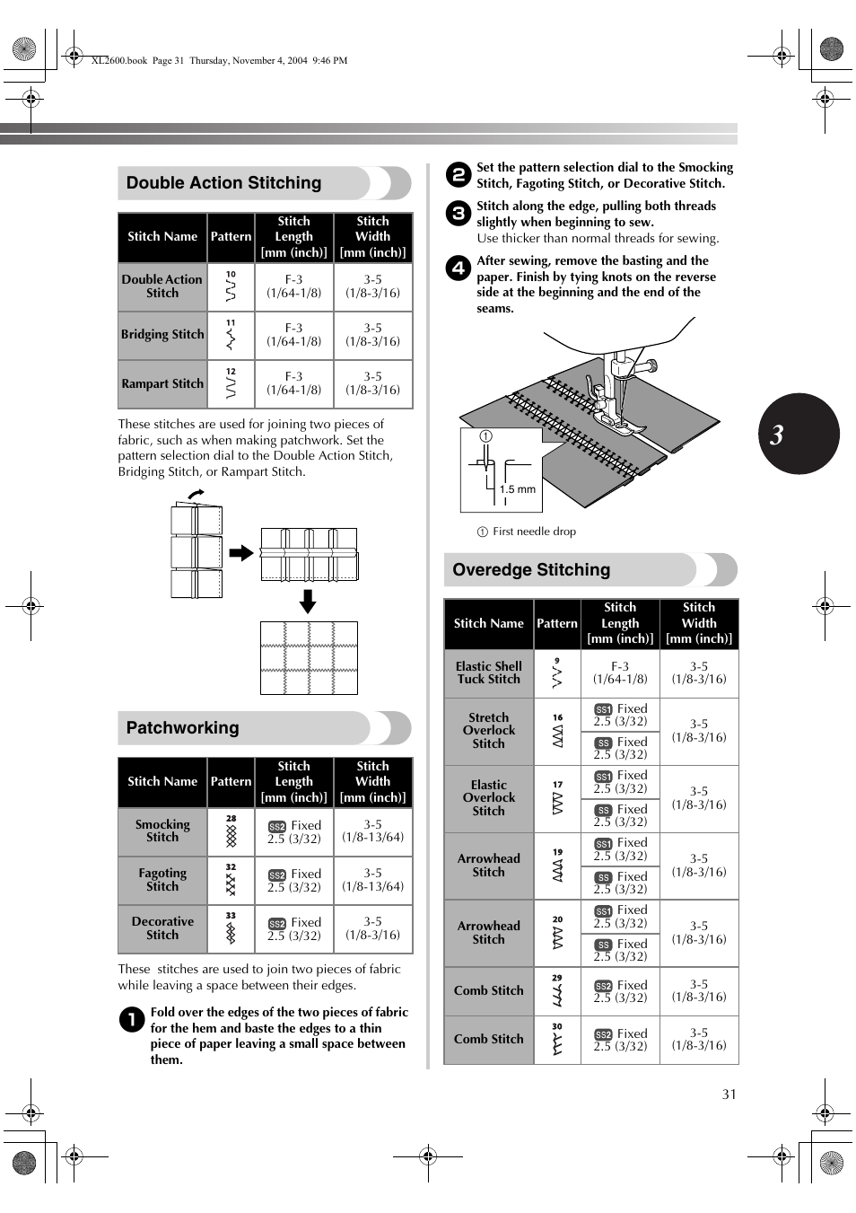 Double action stitching, Patchworking, Overedge stitching | Brother XL-3500 User Manual | Page 33 / 51