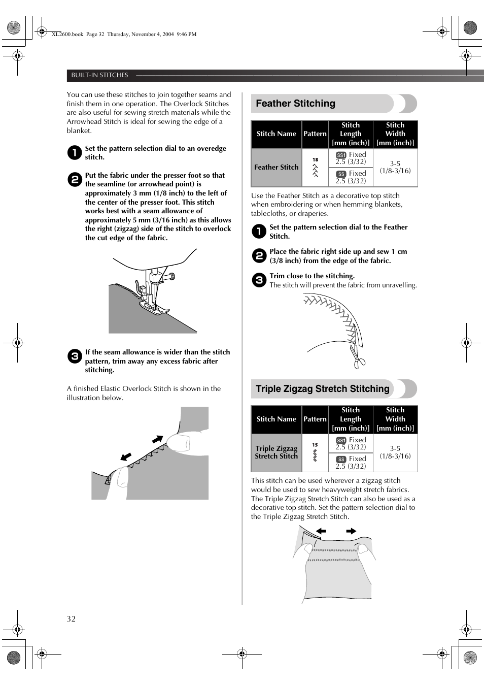 Feather stitching, Triple zigzag stretch stitching | Brother XL-3500 User Manual | Page 34 / 51