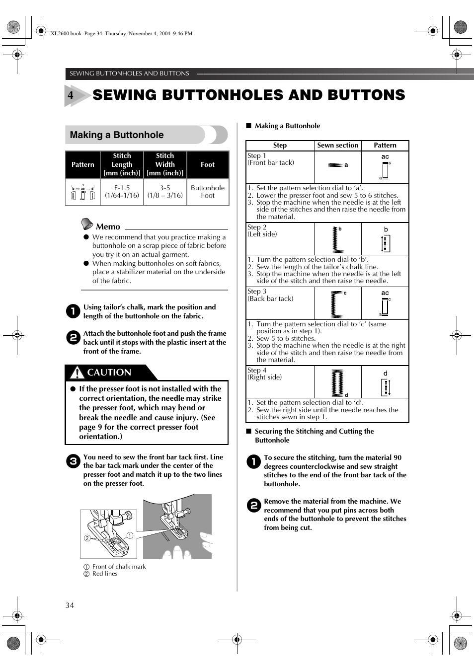 Sewing buttonholes and buttons, Making a buttonhole, Caution | Brother XL-3500 User Manual | Page 36 / 51