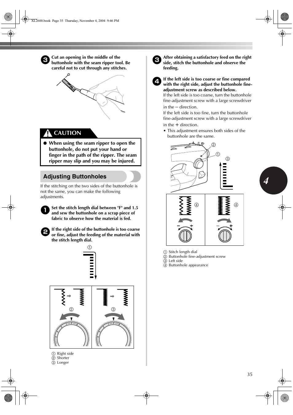 Adjusting buttonholes, Caution | Brother XL-3500 User Manual | Page 37 / 51