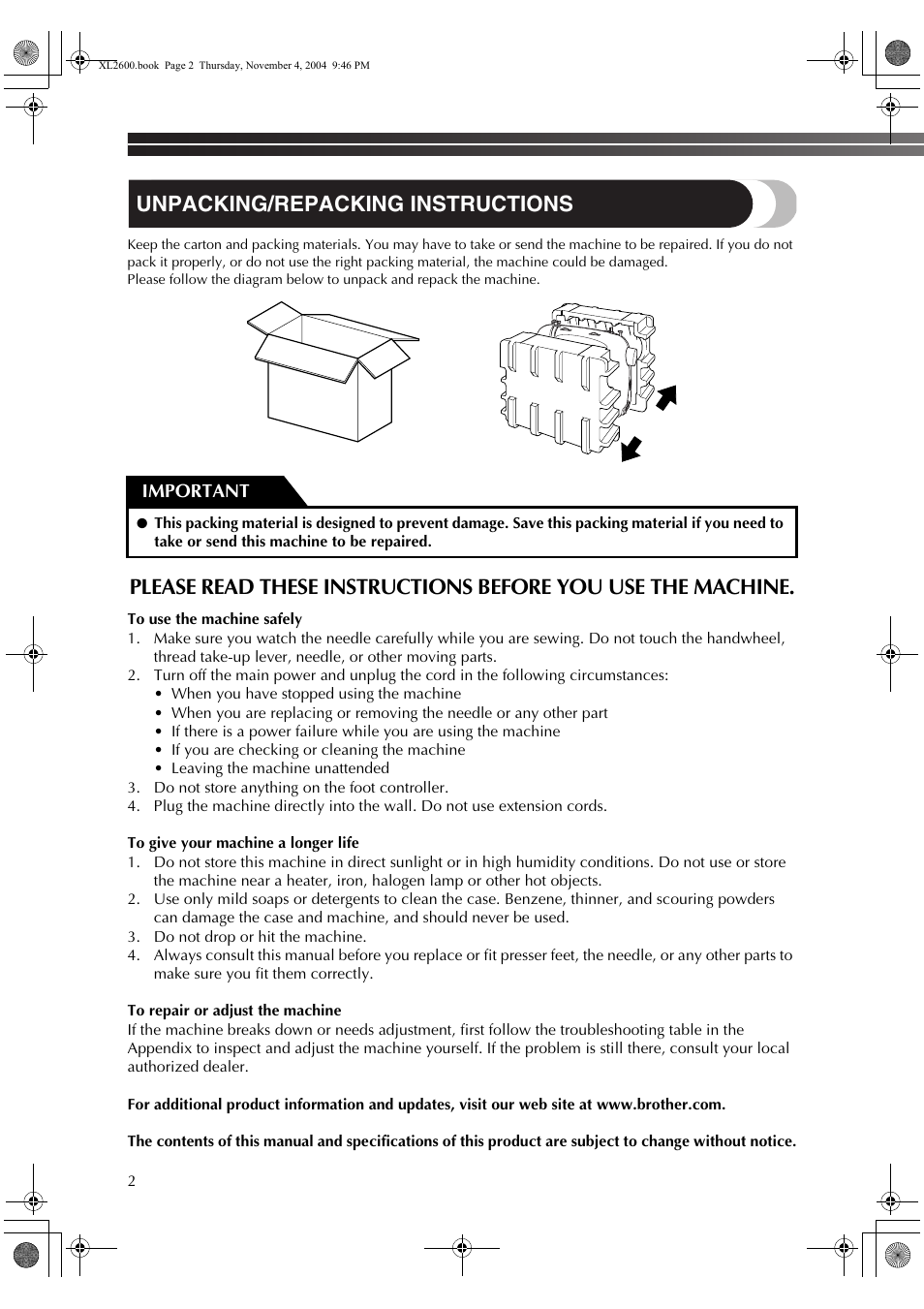 Unpacking/repacking instructions, Important | Brother XL-3500 User Manual | Page 4 / 51