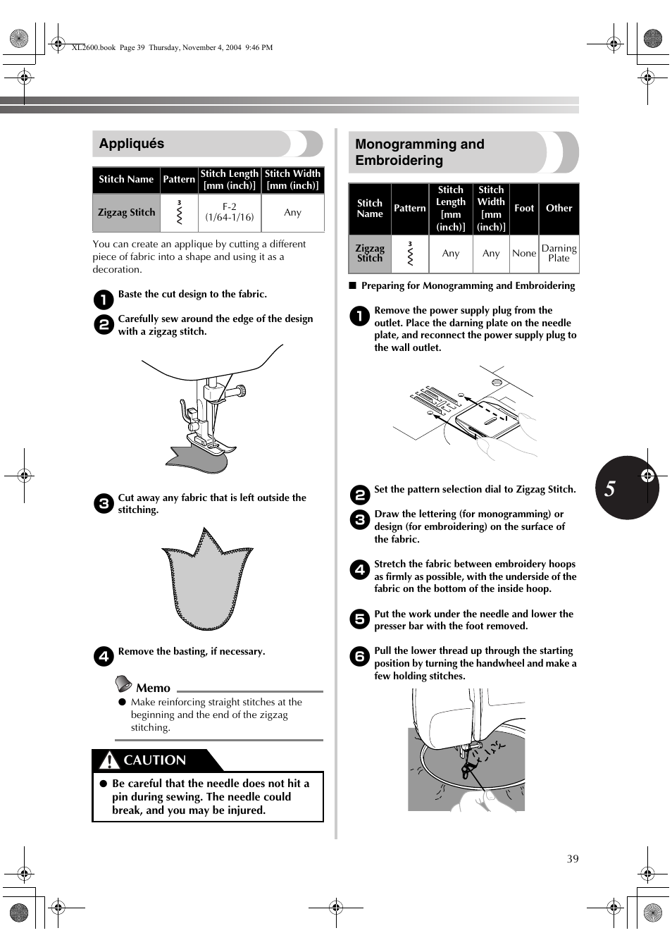 Appliqués, Monogramming and embroidering, Caution | Brother XL-3500 User Manual | Page 41 / 51