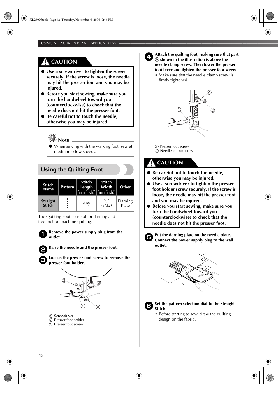 Using the quilting foot, Caution | Brother XL-3500 User Manual | Page 44 / 51