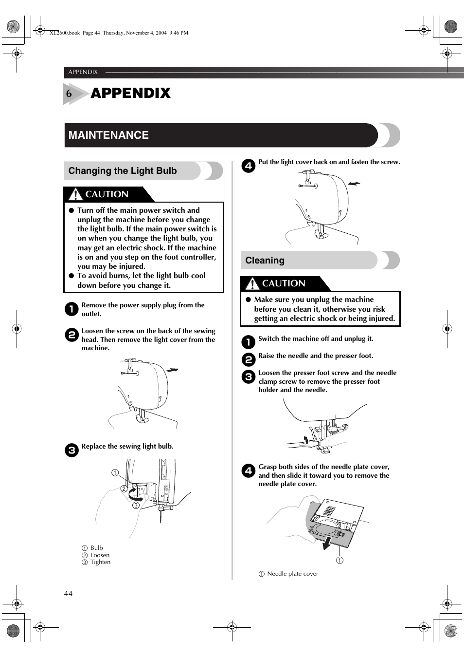 Appendix, Maintenance, Changing the light bulb | Cleaning, Caution | Brother XL-3500 User Manual | Page 46 / 51