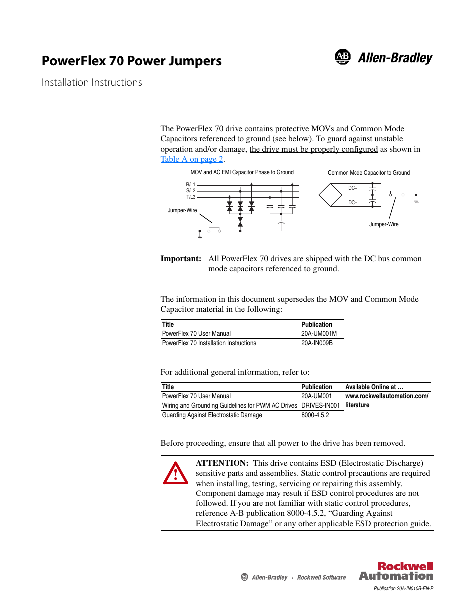 Rockwell Automation 20A PowerFlex 70 Power Jumpers User Manual | 6 pages