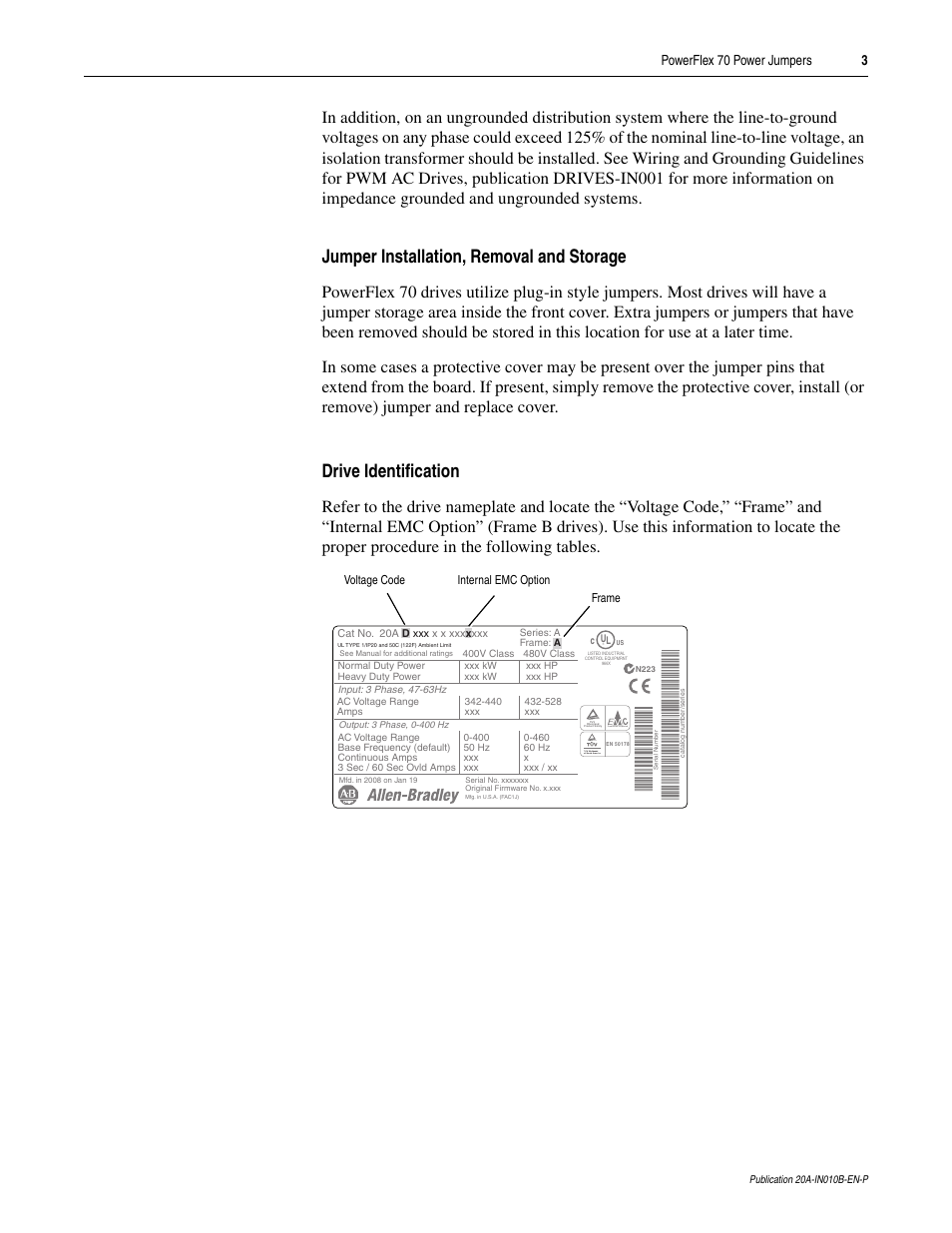 Jumper installation, removal and storage, Drive identification, Powerflex 70 power jumpers 3 | Production inspected | Rockwell Automation 20A PowerFlex 70 Power Jumpers User Manual | Page 3 / 6