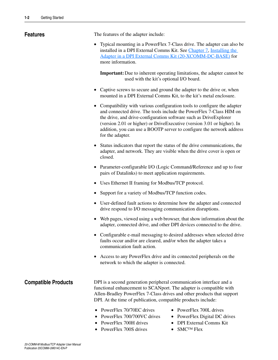 Features, Compatible products, Features -2 compatible products -2 | Rockwell Automation 20-COMM-M Modbus/TCP Adapter User Manual | Page 10 / 98