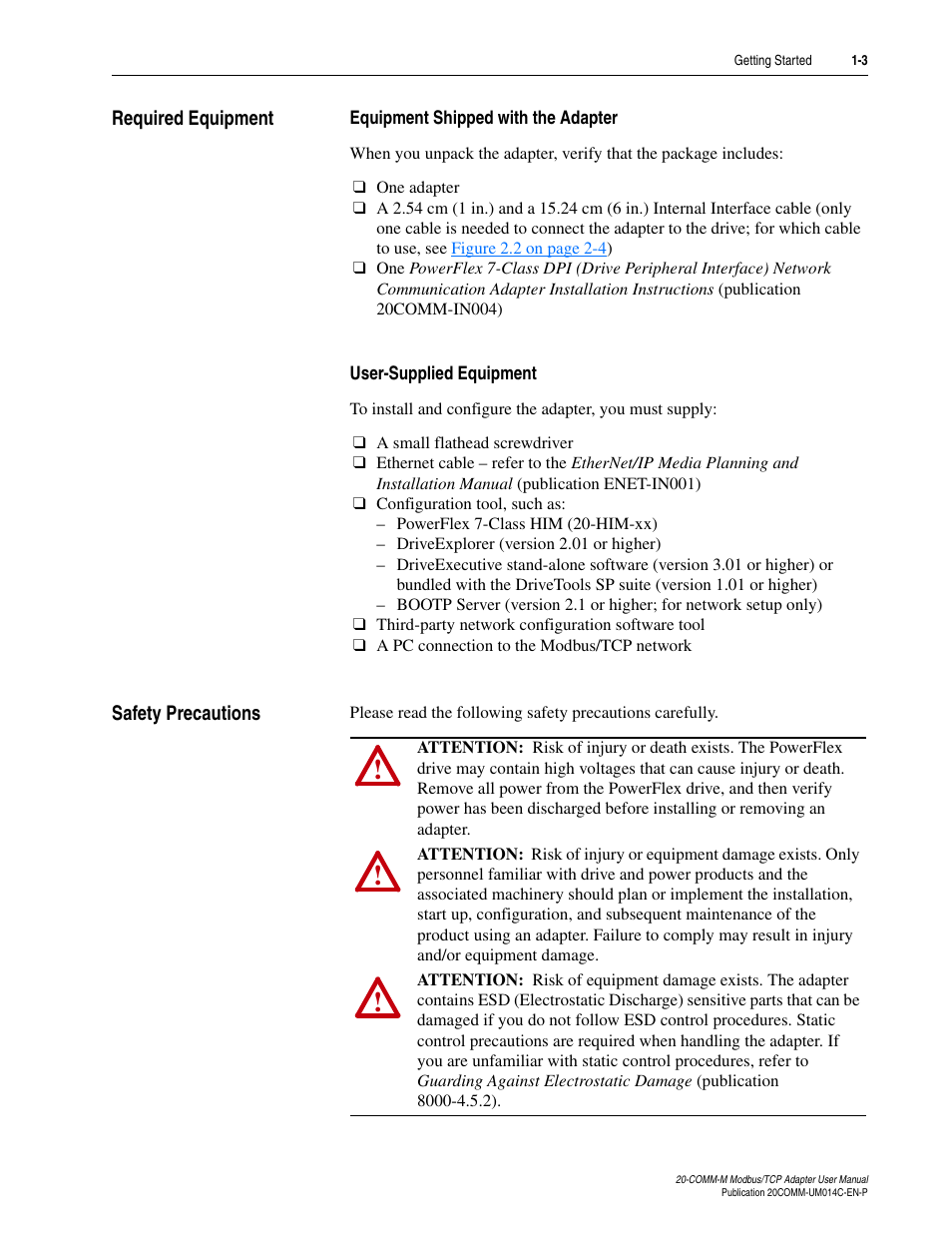 Required equipment, Equipment shipped with the adapter, User-supplied equipment | Safety precautions, Required equipment -3 safety precautions -3 | Rockwell Automation 20-COMM-M Modbus/TCP Adapter User Manual | Page 11 / 98