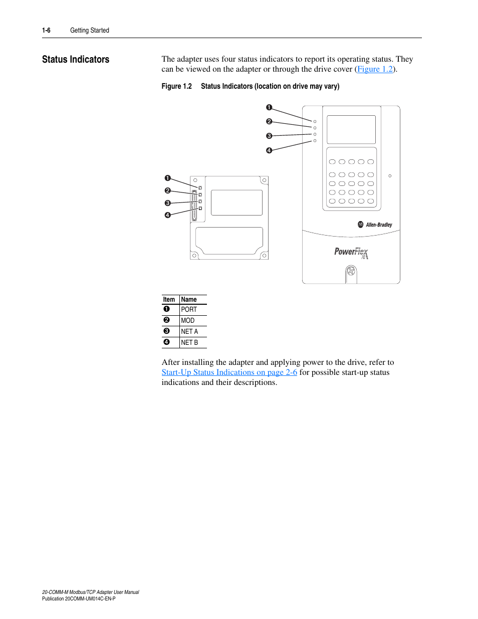Status indicators, Status indicators -6 | Rockwell Automation 20-COMM-M Modbus/TCP Adapter User Manual | Page 14 / 98