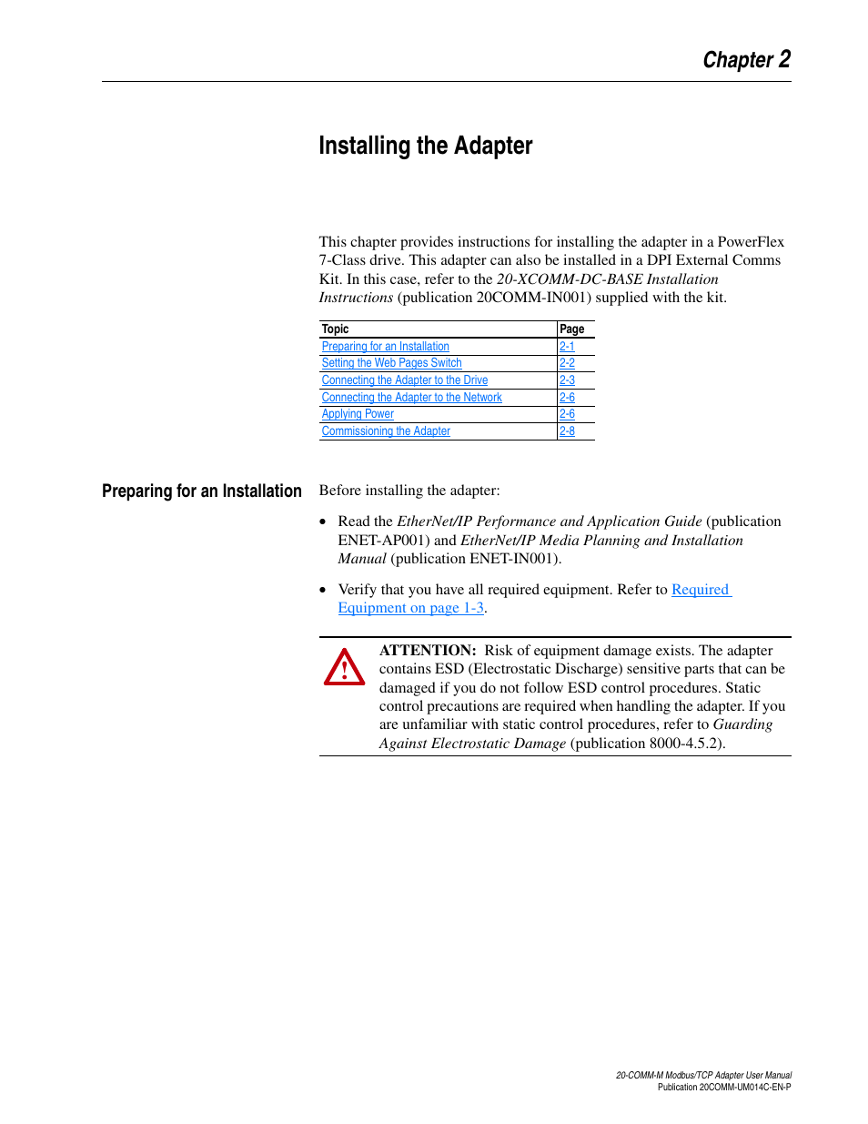 Chapter 2, Installing the adapter, Preparing for an installation | Preparing for an installation -1 | Rockwell Automation 20-COMM-M Modbus/TCP Adapter User Manual | Page 15 / 98