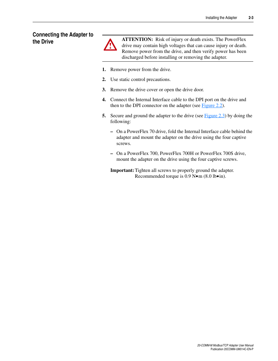 Connecting the adapter to the drive, Connecting the adapter to the drive -3 | Rockwell Automation 20-COMM-M Modbus/TCP Adapter User Manual | Page 17 / 98