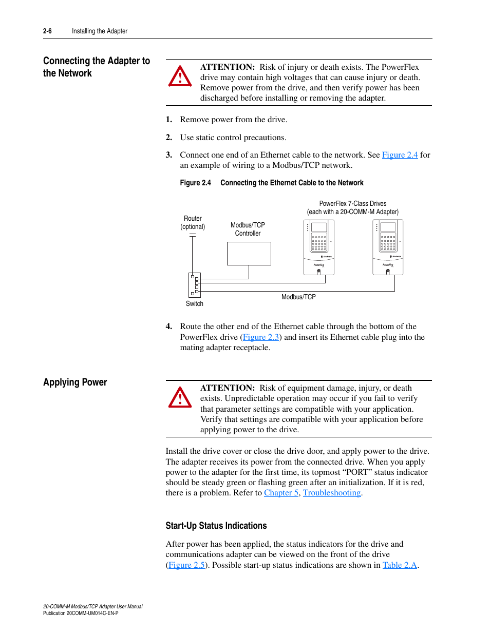 Connecting the adapter to the network, Applying power, Start-up status indications | Rockwell Automation 20-COMM-M Modbus/TCP Adapter User Manual | Page 20 / 98