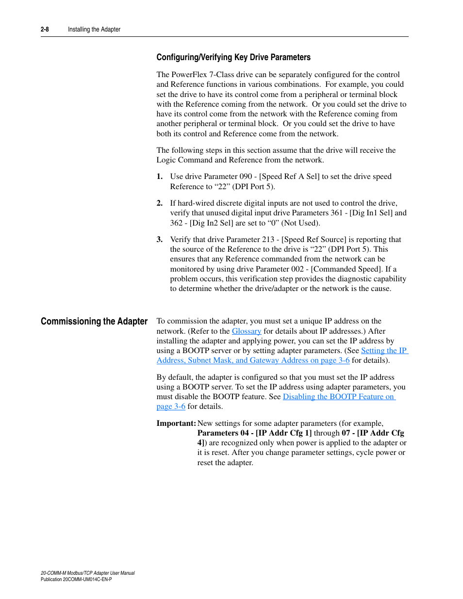 Configuring/verifying key drive parameters, Commissioning the adapter, Commissioning the adapter -8 | Rockwell Automation 20-COMM-M Modbus/TCP Adapter User Manual | Page 22 / 98