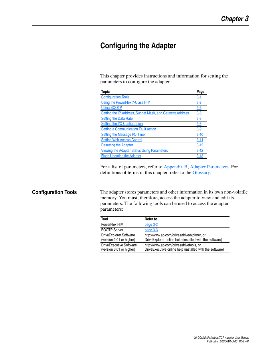 Chapter 3, Configuring the adapter, Configuration tools | Configuration tools -1, 3configuring the adapter, Chapter | Rockwell Automation 20-COMM-M Modbus/TCP Adapter User Manual | Page 23 / 98