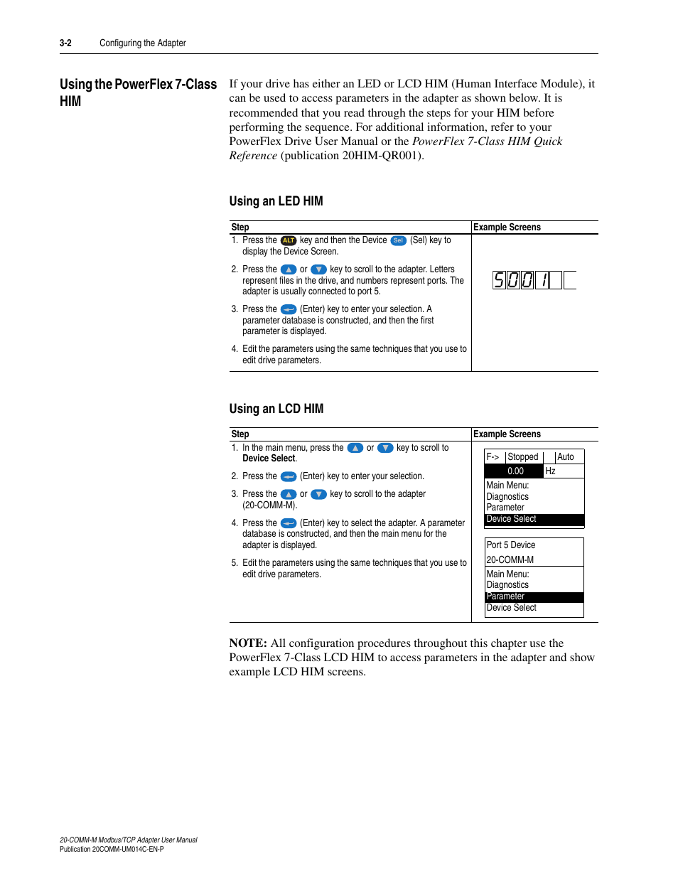 Using the powerflex 7-class him, Using an led him, Using an lcd him | Using the powerflex 7-class him -2 | Rockwell Automation 20-COMM-M Modbus/TCP Adapter User Manual | Page 24 / 98