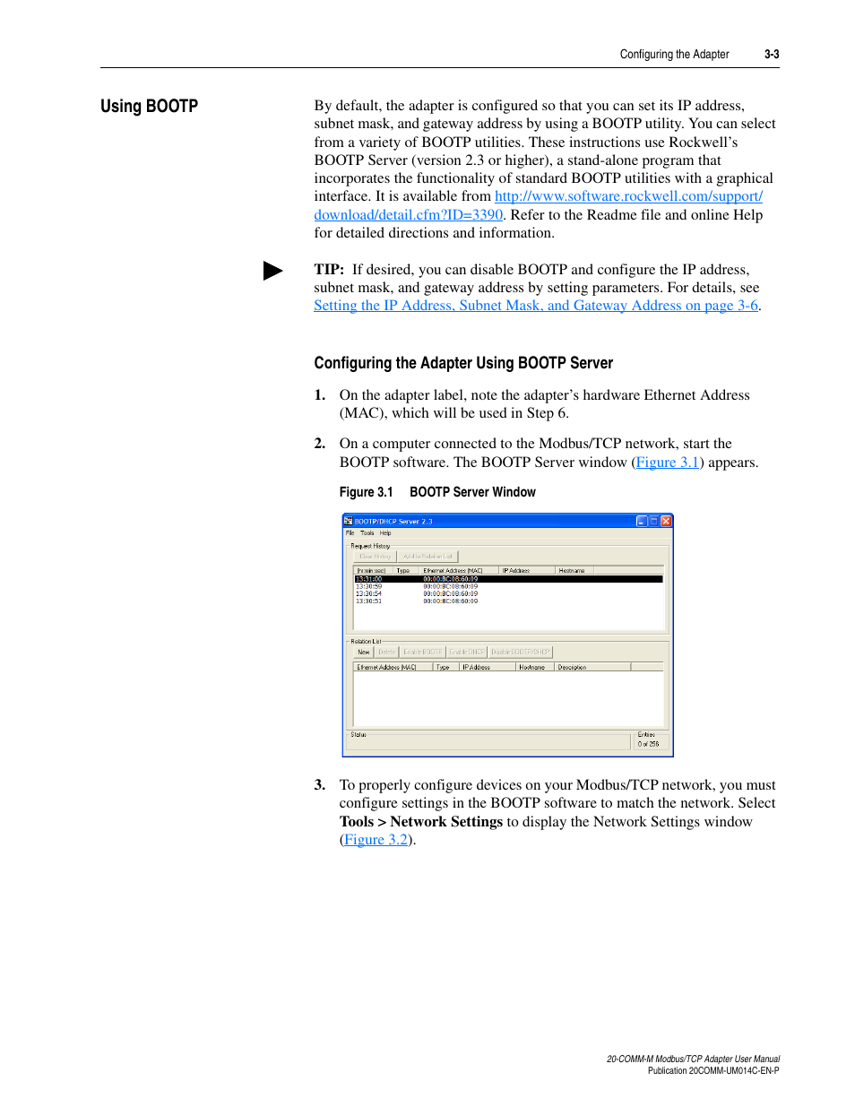 Using bootp, Configuring the adapter using bootp server, Using bootp -3 | Rockwell Automation 20-COMM-M Modbus/TCP Adapter User Manual | Page 25 / 98