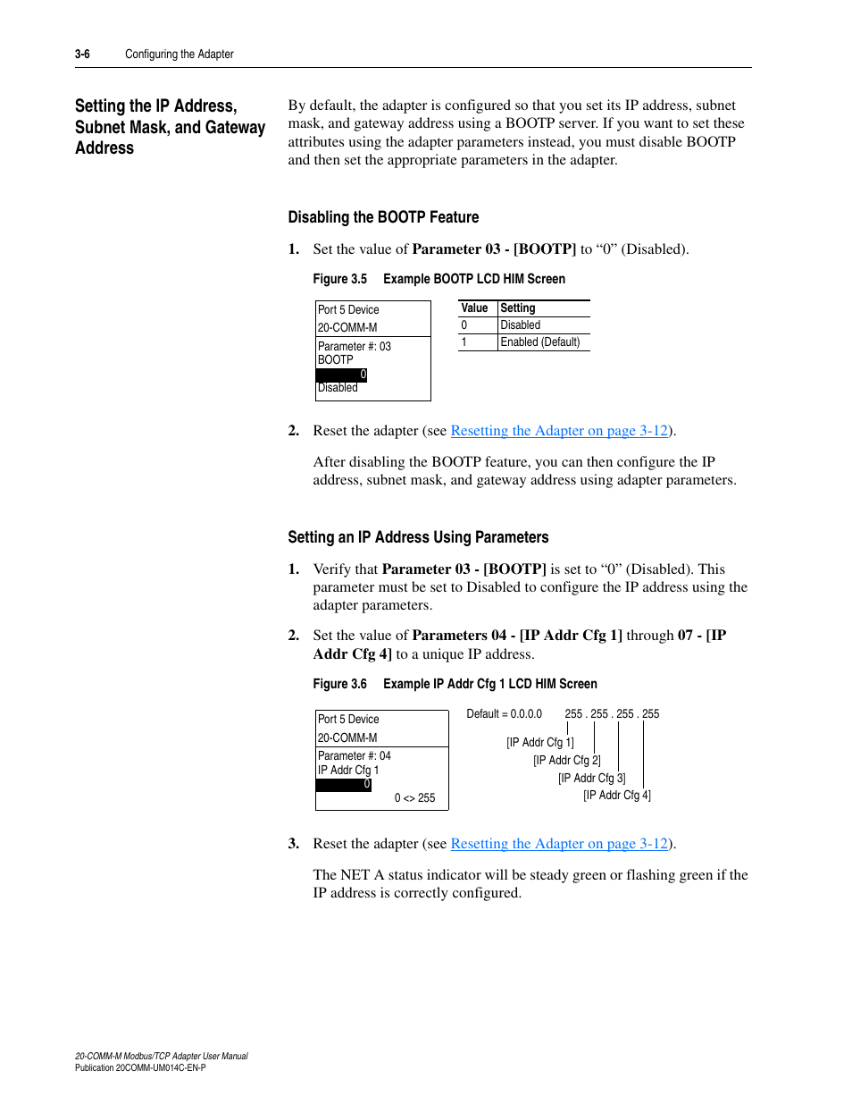 Disabling the bootp feature, Setting an ip address using parameters, Parameters. (see | Setting the ip, For details), Disabling the bootp feature on | Rockwell Automation 20-COMM-M Modbus/TCP Adapter User Manual | Page 28 / 98