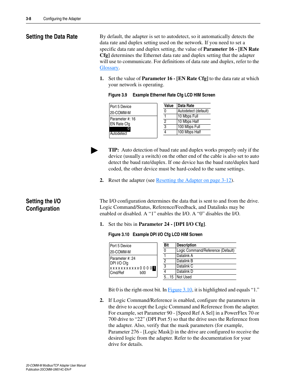 Setting the data rate, Setting the i/o configuration | Rockwell Automation 20-COMM-M Modbus/TCP Adapter User Manual | Page 30 / 98