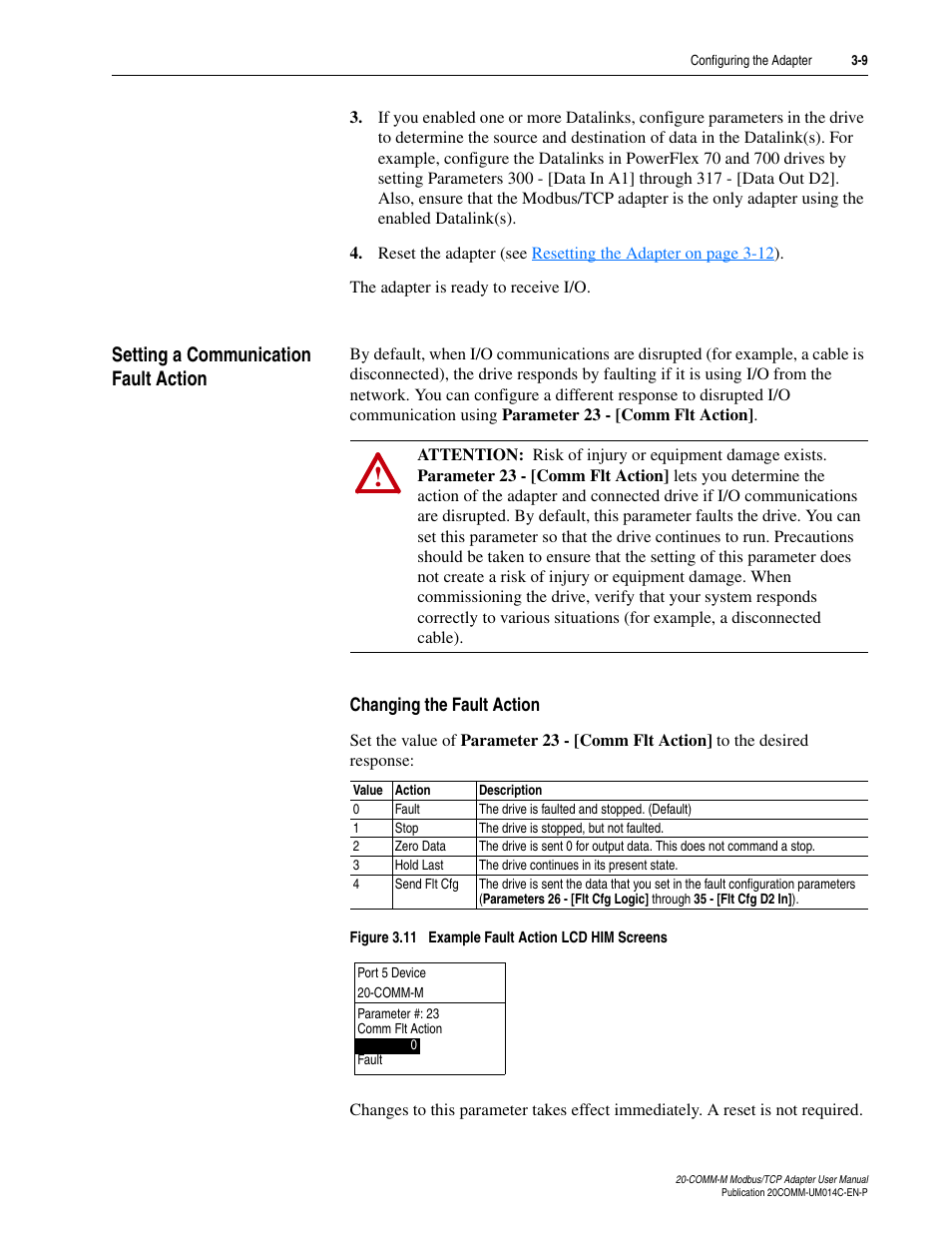 Setting a communication fault action, Changing the fault action, Setting a communication fault action -9 | Rockwell Automation 20-COMM-M Modbus/TCP Adapter User Manual | Page 31 / 98