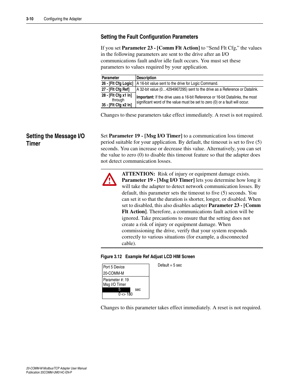 Setting the fault configuration parameters, Setting the message i/o timer, Setting the message i/o timer -10 | Rockwell Automation 20-COMM-M Modbus/TCP Adapter User Manual | Page 32 / 98