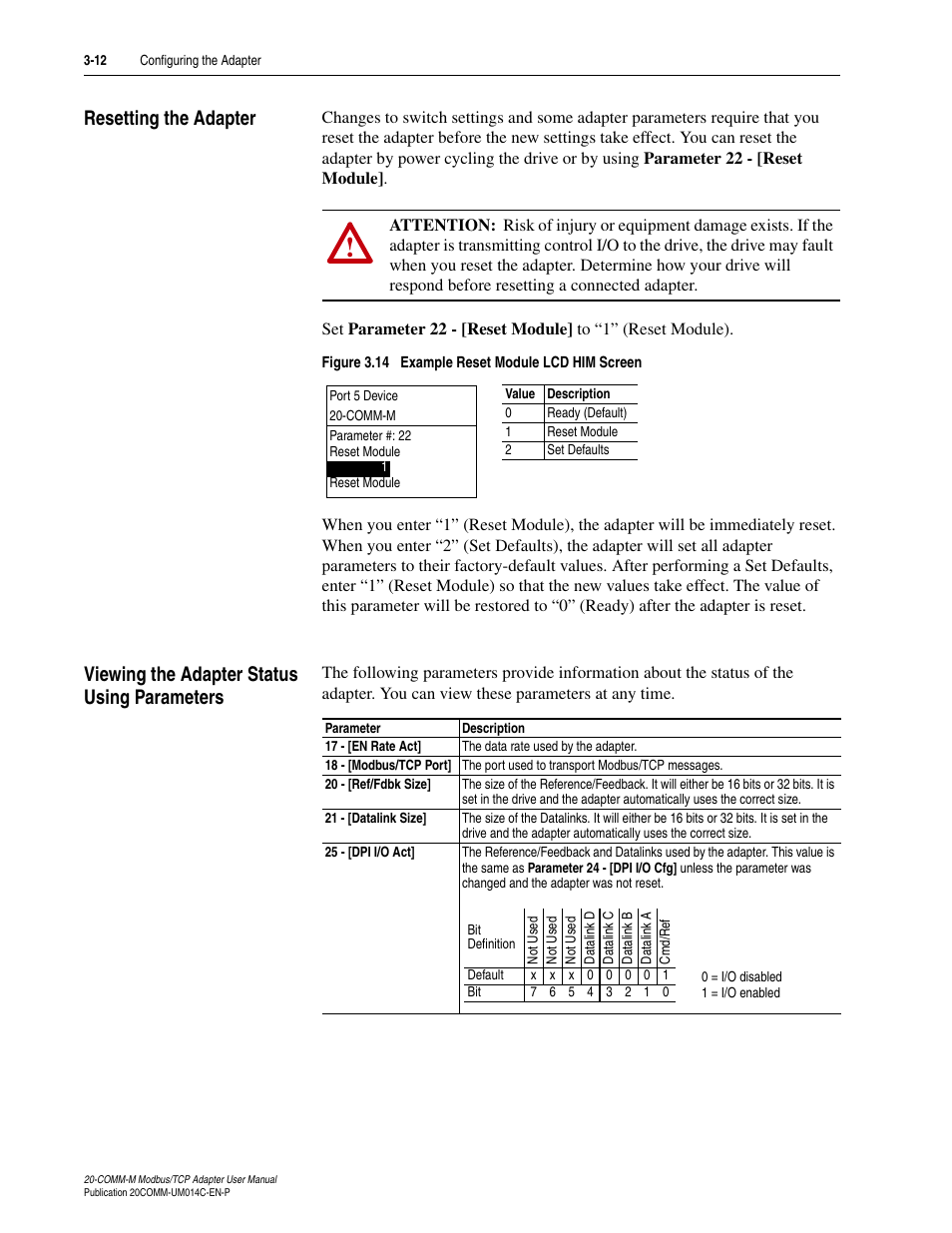 Resetting the adapter, Viewing the adapter status using parameters | Rockwell Automation 20-COMM-M Modbus/TCP Adapter User Manual | Page 34 / 98