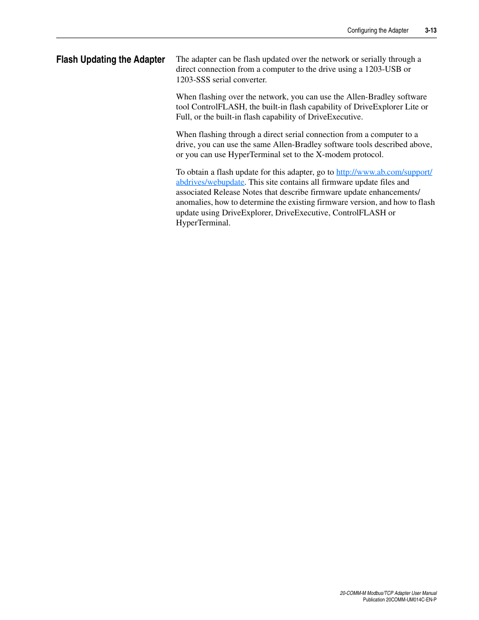 Flash updating the adapter, Flash updating the adapter -13 | Rockwell Automation 20-COMM-M Modbus/TCP Adapter User Manual | Page 35 / 98
