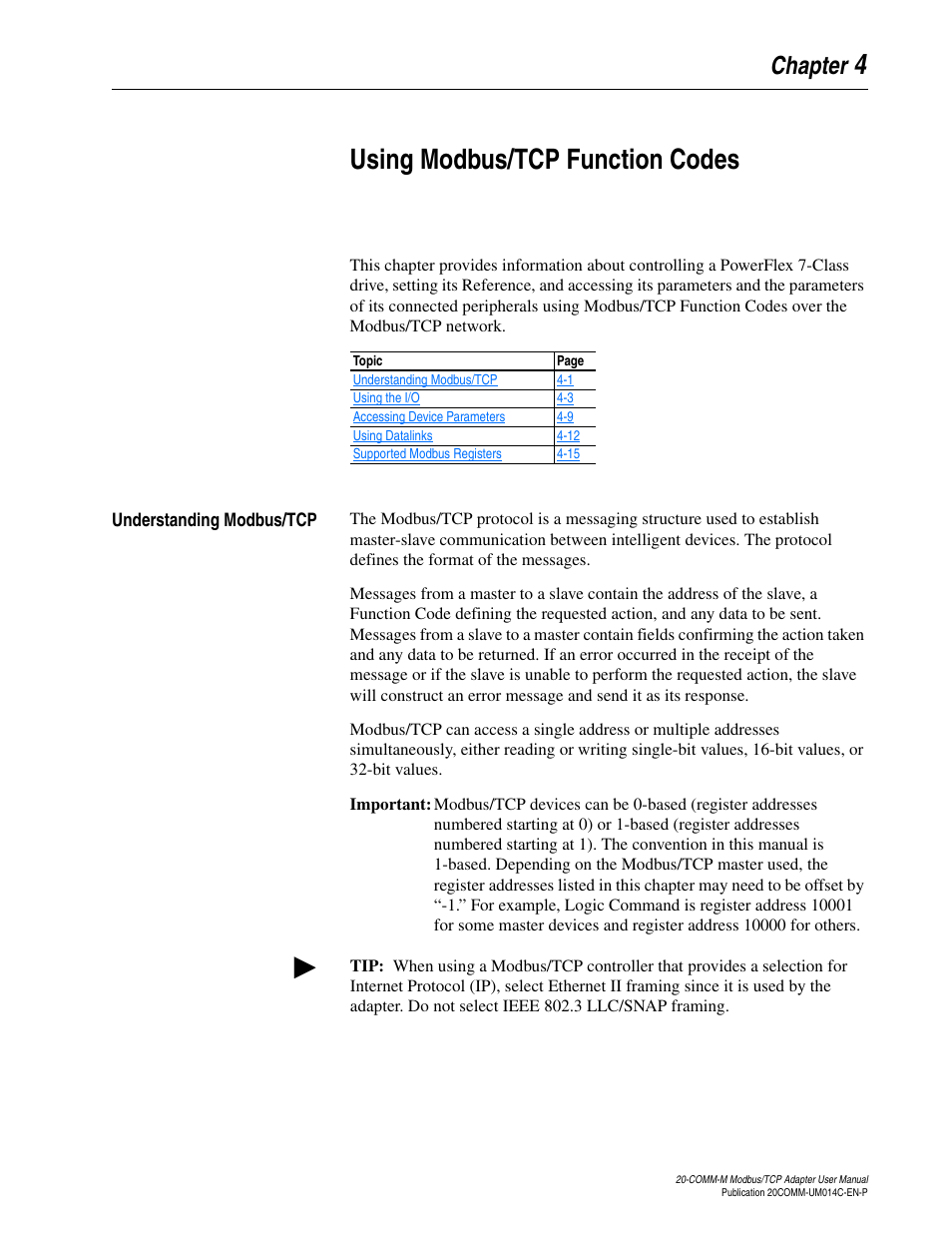 Chapter 4, Using modbus/tcp function codes, Understanding modbus/tcp | Understanding modbus/tcp -1 | Rockwell Automation 20-COMM-M Modbus/TCP Adapter User Manual | Page 37 / 98