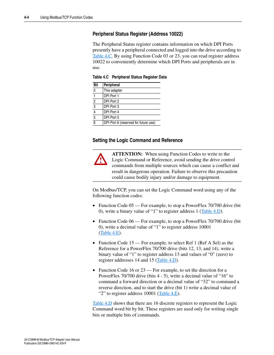 Peripheral status register (address 10022), Setting the logic command and reference | Rockwell Automation 20-COMM-M Modbus/TCP Adapter User Manual | Page 40 / 98