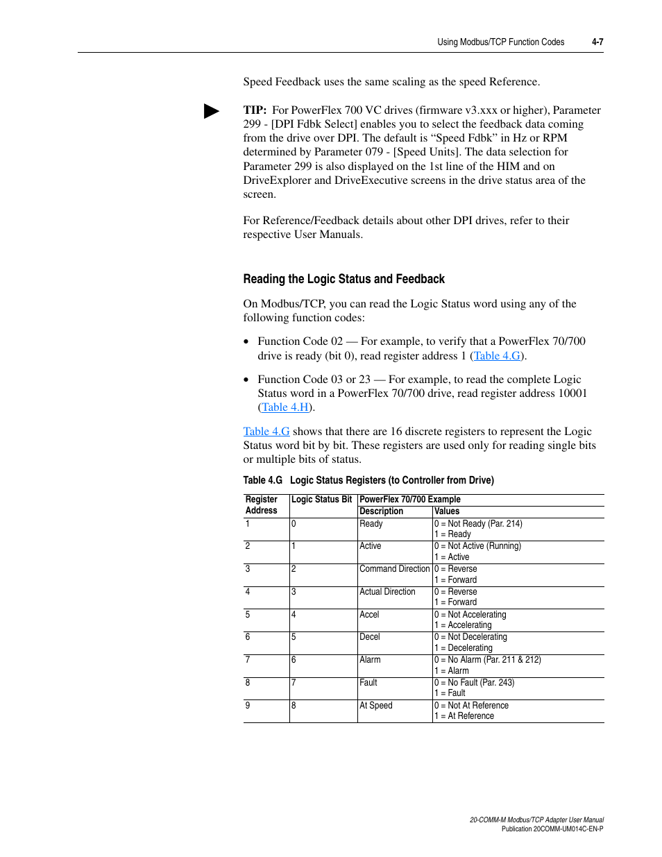 Reading the logic status and feedback | Rockwell Automation 20-COMM-M Modbus/TCP Adapter User Manual | Page 43 / 98