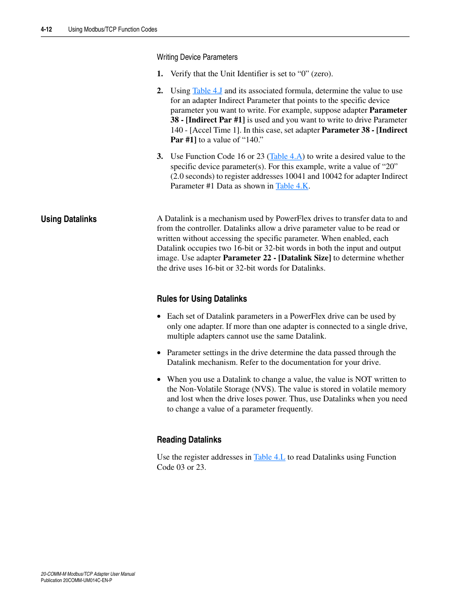 Using datalinks, Rules for using datalinks, Reading datalinks | Using datalinks -12, For more information | Rockwell Automation 20-COMM-M Modbus/TCP Adapter User Manual | Page 48 / 98