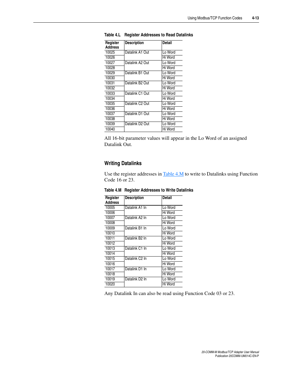 Writing datalinks | Rockwell Automation 20-COMM-M Modbus/TCP Adapter User Manual | Page 49 / 98