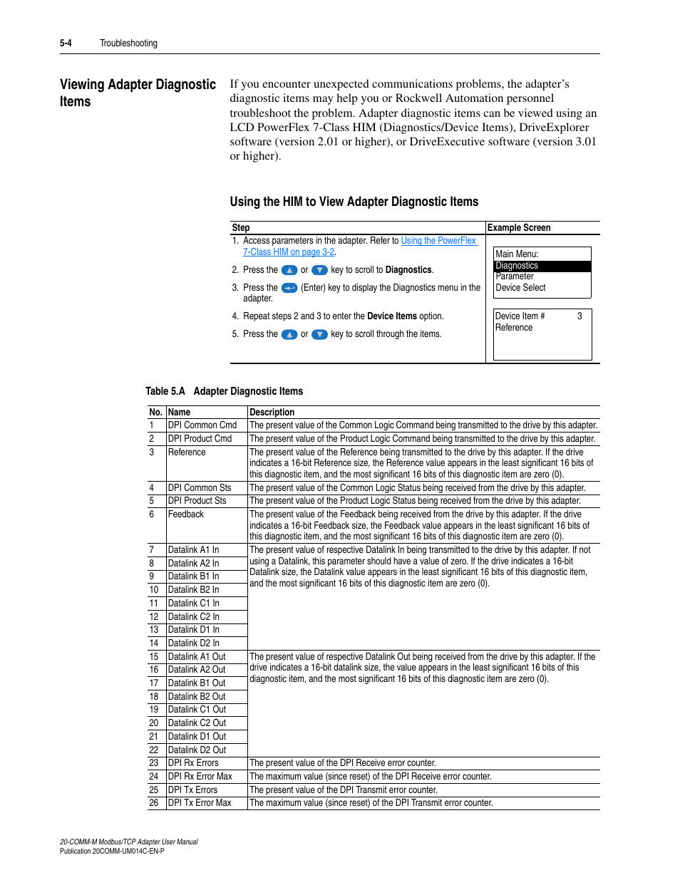 Viewing adapter diagnostic items, Using the him to view adapter diagnostic items, Viewing adapter diagnostic items -4 | Rockwell Automation 20-COMM-M Modbus/TCP Adapter User Manual | Page 56 / 98