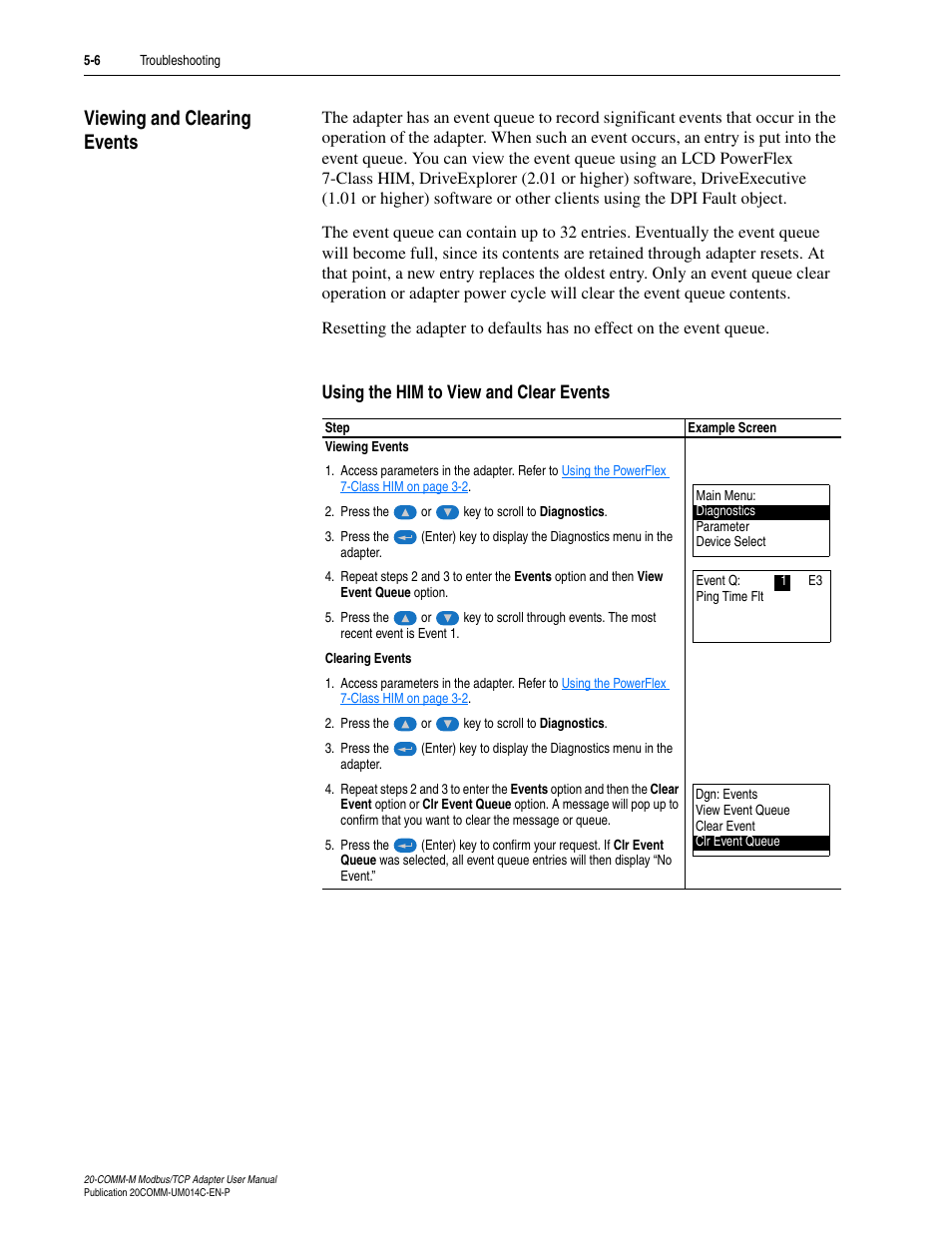 Viewing and clearing events, Using the him to view and clear events, Viewing and clearing events -6 | Rockwell Automation 20-COMM-M Modbus/TCP Adapter User Manual | Page 58 / 98