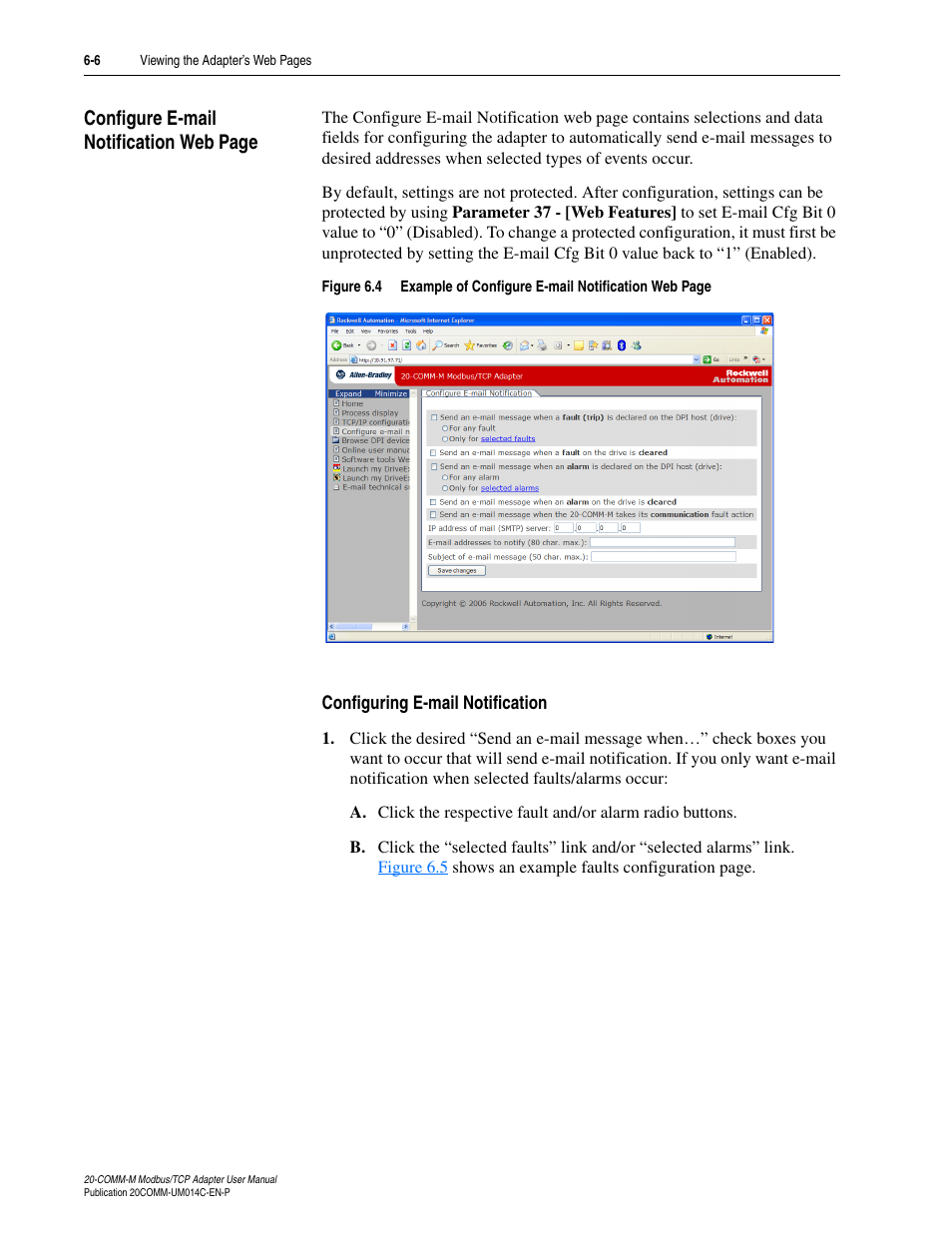 Configuring e-mail notification, Configure, R more details, see | Configure e-mail notification, Figure 6.4 | Rockwell Automation 20-COMM-M Modbus/TCP Adapter User Manual | Page 66 / 98