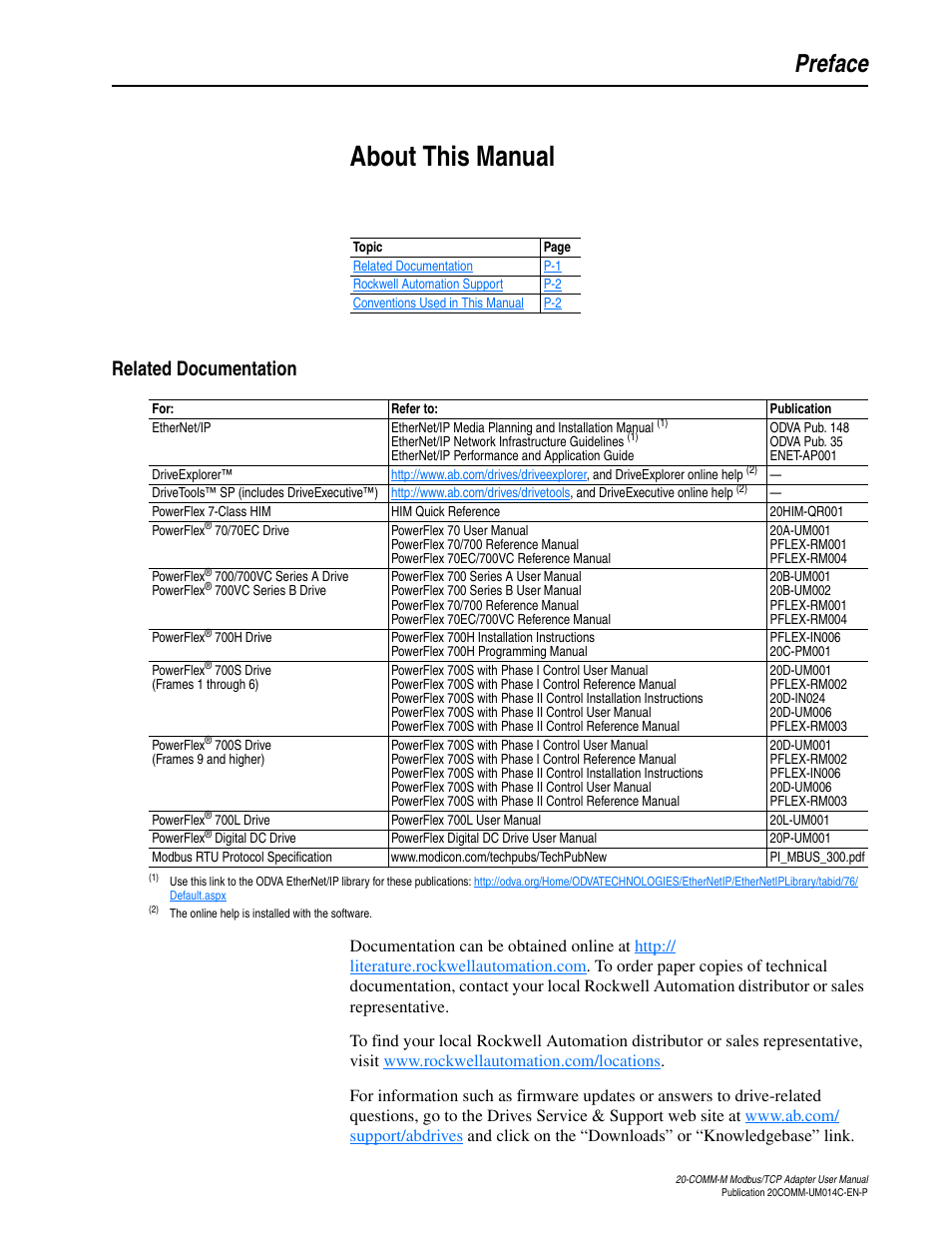 Preface, About this manual, Related documentation | Rockwell Automation 20-COMM-M Modbus/TCP Adapter User Manual | Page 7 / 98