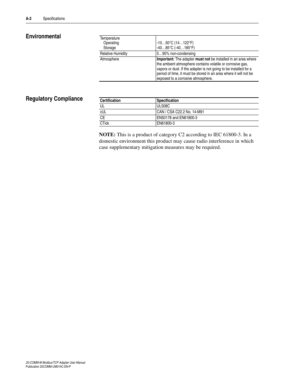 Environmental, Regulatory compliance | Rockwell Automation 20-COMM-M Modbus/TCP Adapter User Manual | Page 76 / 98