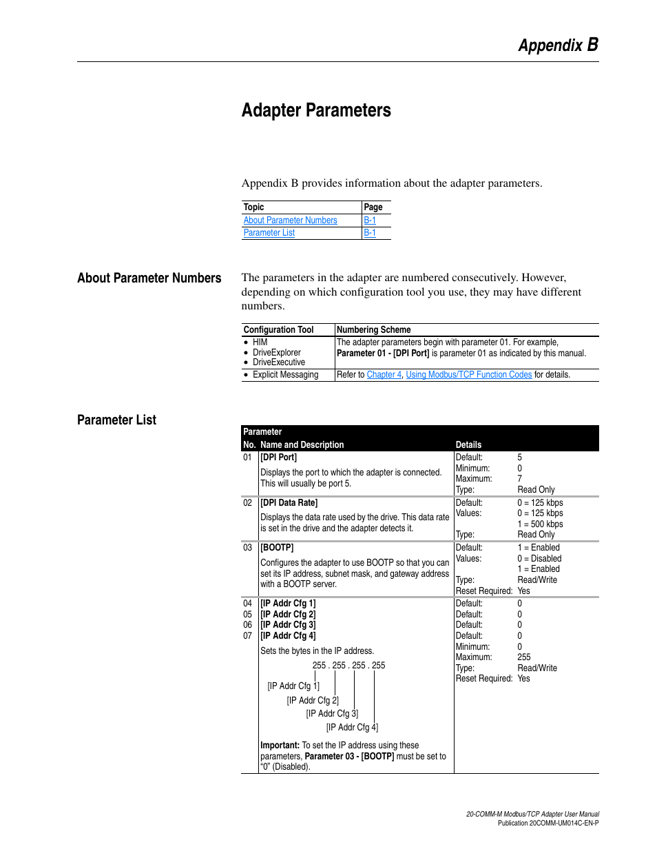 Appendix b, Adapter parameters, About parameter numbers | Parameter list, Badapter parameters, Appendix | Rockwell Automation 20-COMM-M Modbus/TCP Adapter User Manual | Page 77 / 98