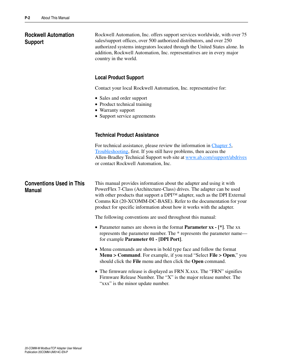 Rockwell automation support, Local product support, Technical product assistance | Conventions used in this manual | Rockwell Automation 20-COMM-M Modbus/TCP Adapter User Manual | Page 8 / 98