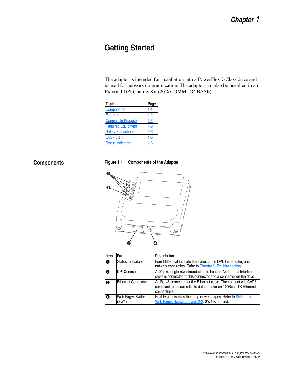 Chapter 1, Getting started, Components | Components -1, 1getting started, Chapter | Rockwell Automation 20-COMM-M Modbus/TCP Adapter User Manual | Page 9 / 98