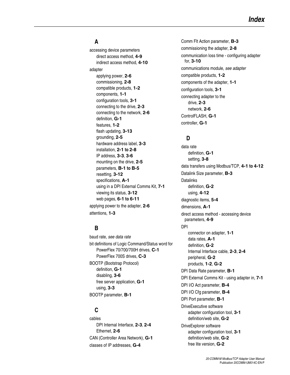 Index | Rockwell Automation 20-COMM-M Modbus/TCP Adapter User Manual | Page 93 / 98