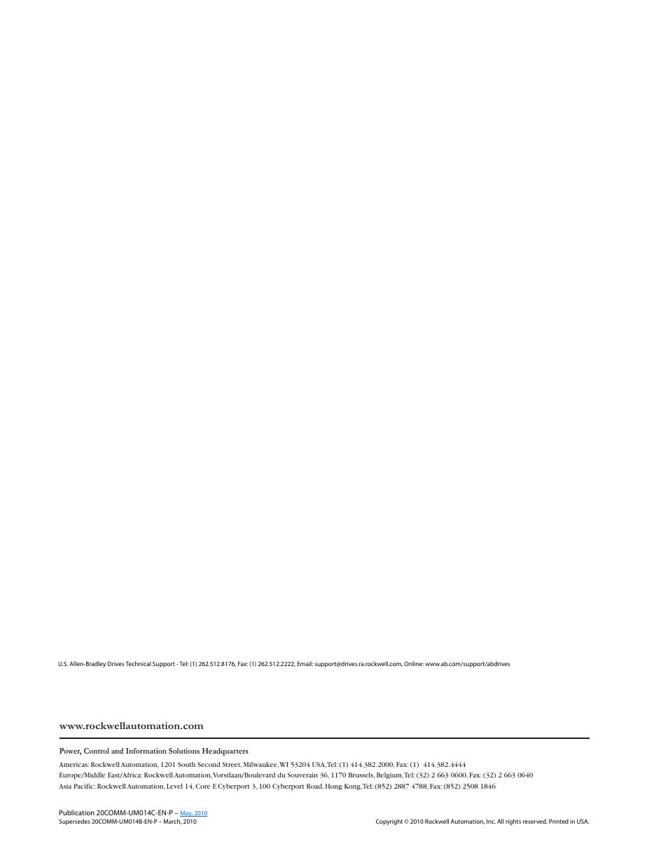 Back cover/pub no./date, Publication 20comm-um014c-en-p | Rockwell Automation 20-COMM-M Modbus/TCP Adapter User Manual | Page 98 / 98