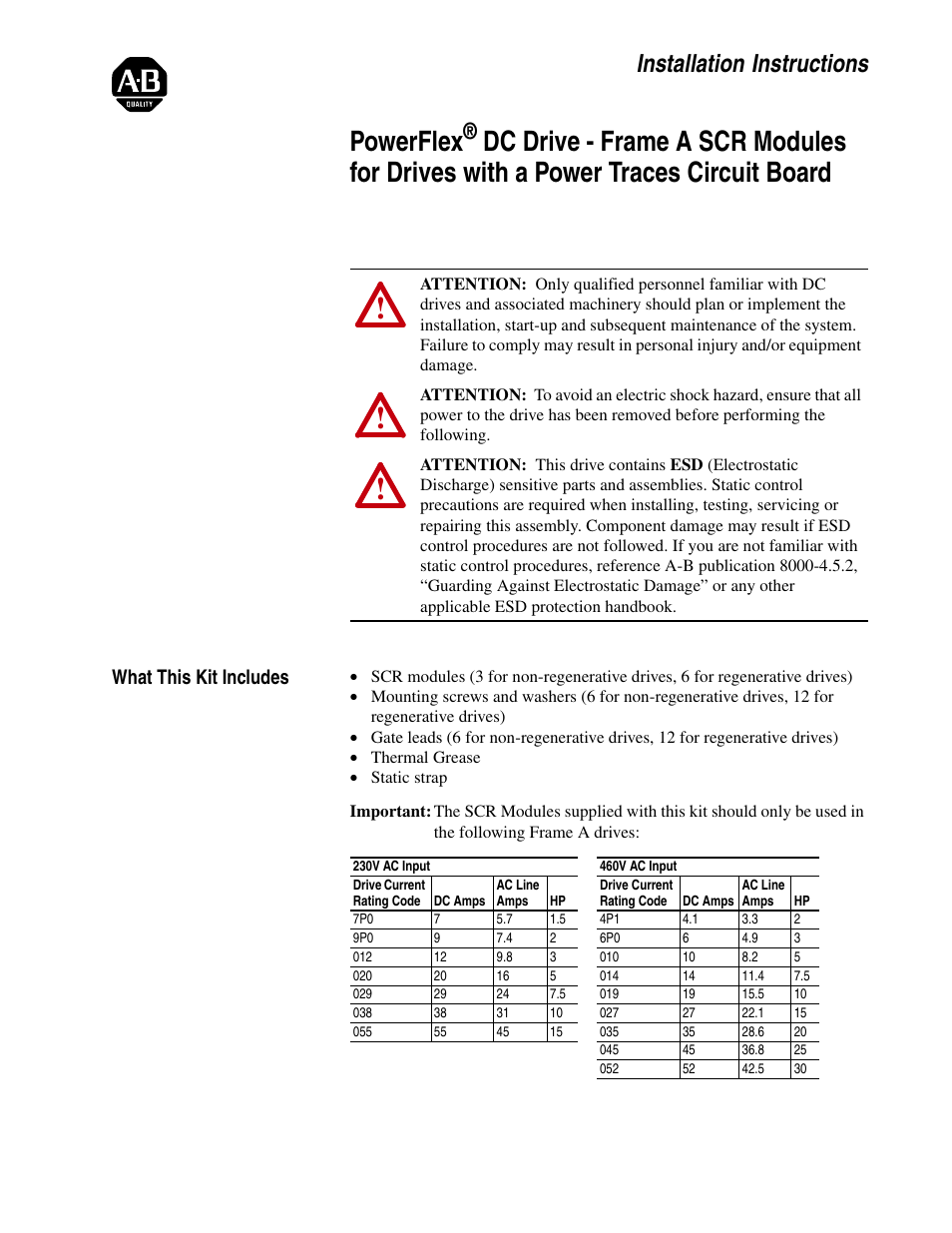 Rockwell Automation 20P PowerFlex DC Drive - Frame A SCR Modules for Drive w/Power Traces Circuit Board User Manual | 18 pages