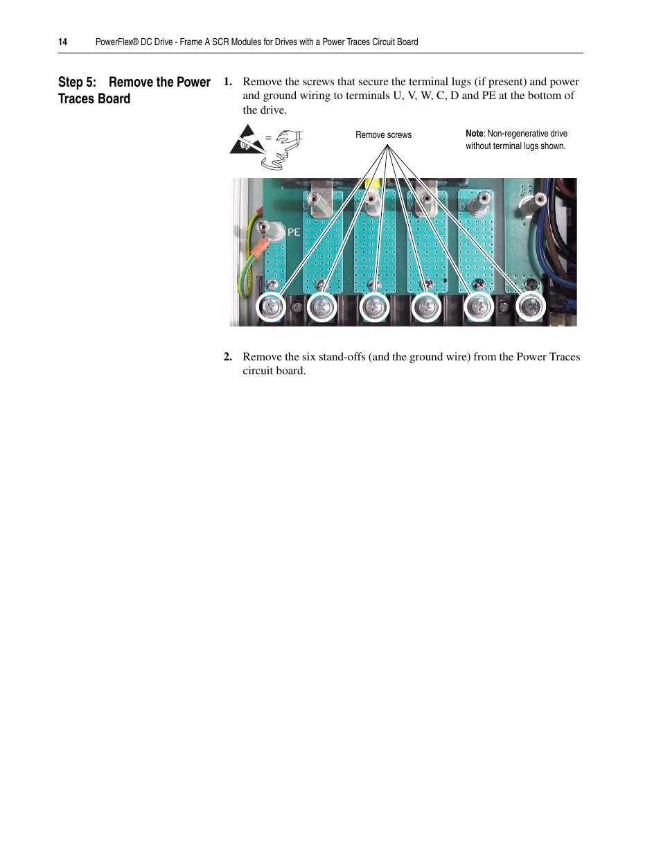 Step 5: remove the power traces board | Rockwell Automation 20P PowerFlex DC Drive - Frame A SCR Modules for Drive w/Power Traces Circuit Board User Manual | Page 14 / 18