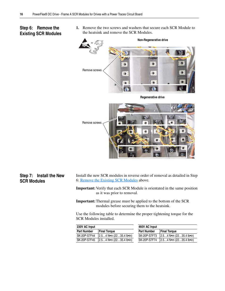 Step 6: remove the existing scr modules, Step 7: install the new scr modules | Rockwell Automation 20P PowerFlex DC Drive - Frame A SCR Modules for Drive w/Power Traces Circuit Board User Manual | Page 16 / 18