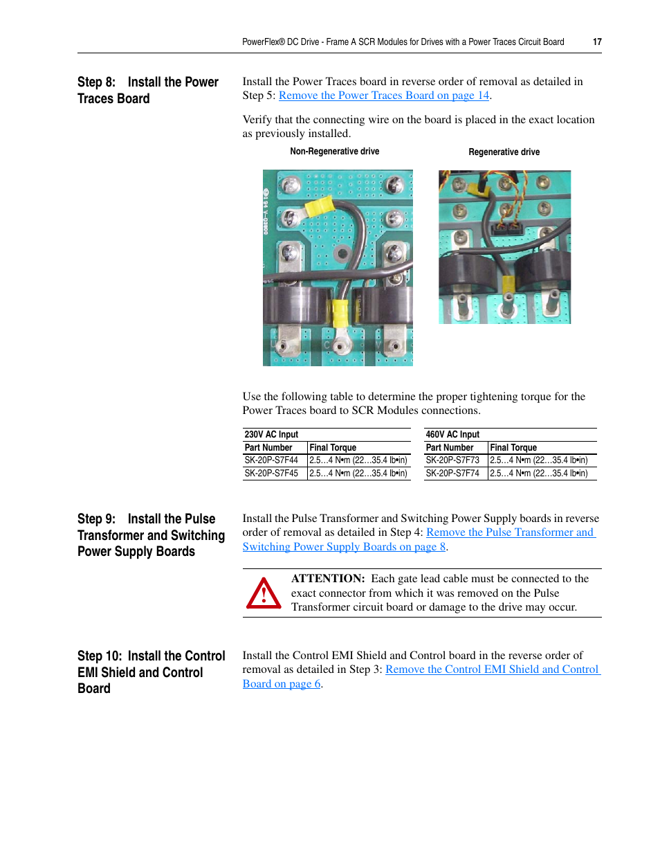 Step 8: install the power traces board | Rockwell Automation 20P PowerFlex DC Drive - Frame A SCR Modules for Drive w/Power Traces Circuit Board User Manual | Page 17 / 18